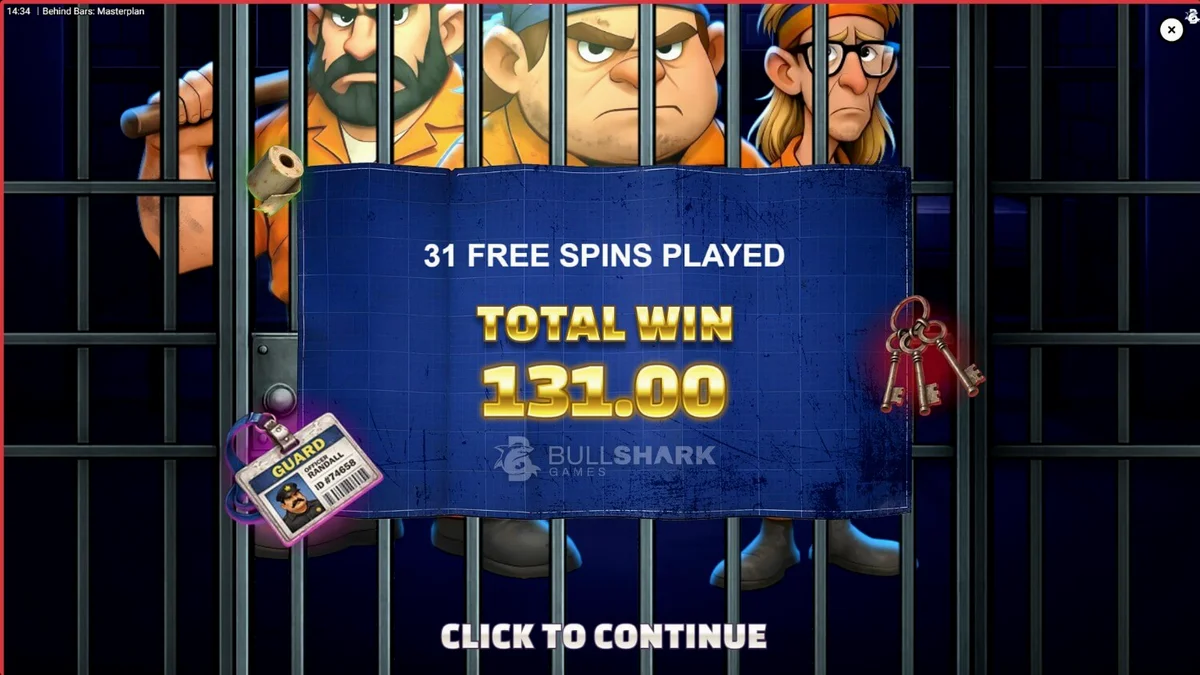Behind Bars Masterplan slot game interface showing the 6x5 grid and prison break theme