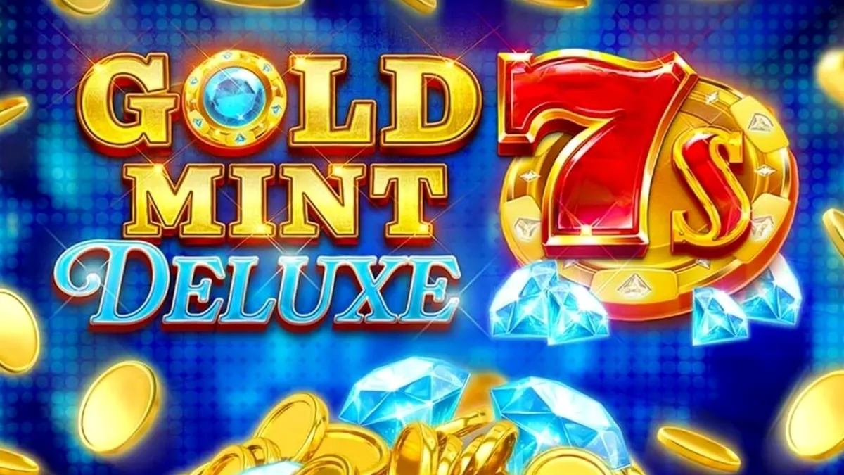 Gold Mint 7s Deluxe স্লট গেমের একটি ঝলমলে দৃশ্য যেখানে স্বর্ণ এবং রত্নখচিত প্রতীকগুলো দেখা যাচ্ছে