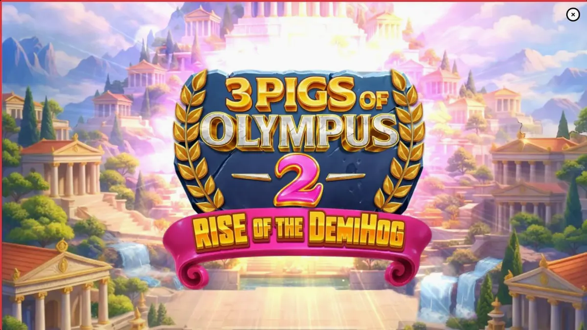 ৩ পিগস অফ অলিম্পাস ২ রাইজ অফ দ্য ডেমোহগ স্লট গেমের একটি দৃশ্য যেখানে গ্রিক দেবতা পিগরা অলিম্পাস পর্বতে অবস্থান করছে।
